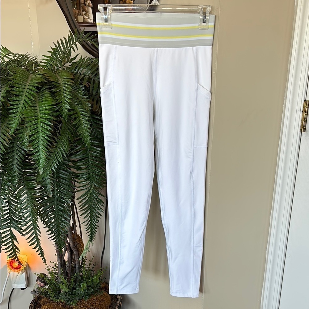 Aerie Chill Play Move White Leggings w/ Yellow & Gray Striped Waistband Pockets